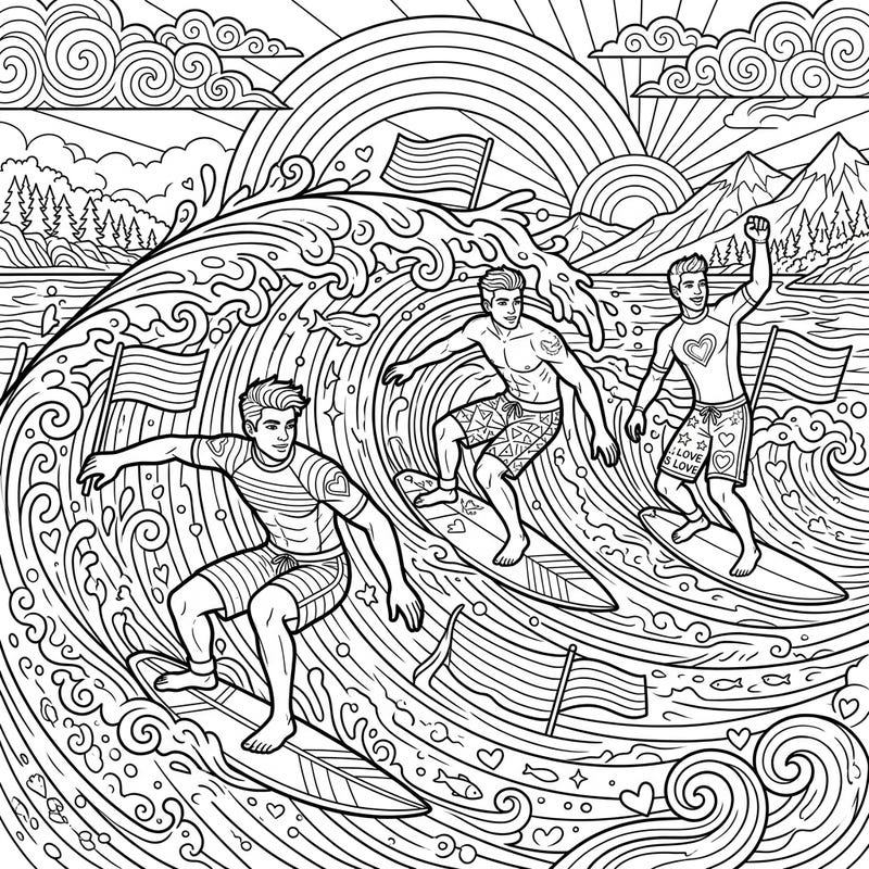 Celebrate love and diversity with this electrifying coloring page featuring three male surfers conquering powerful waves. Perfect for teens, this design combines the thrill of surfing with the vibrant spirit of Pride Month.