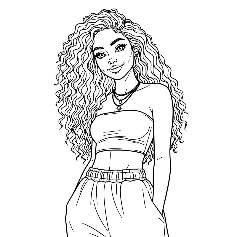 a pretty girl wearing a strapless top with baggy sweatpants. she has really really really curly long hair. she has a very pretty smile. she has layered necklaces. she has really cute dimples. she has thin eyebrows and thick but pretty eyelashes.