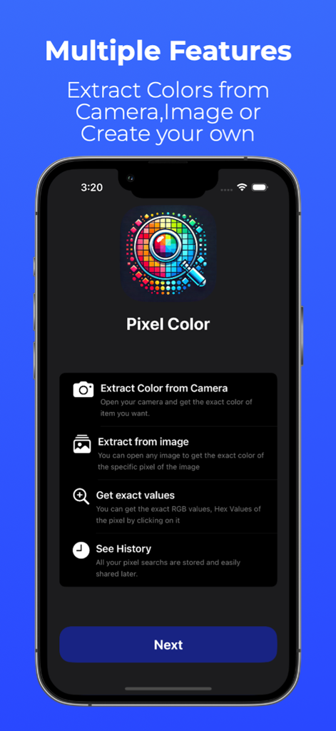 카메라 색상 추출 및 색상 기록을 포함한 핵심 기능을 표시하는 ColorPixel 앱 인터페이스 스크린샷