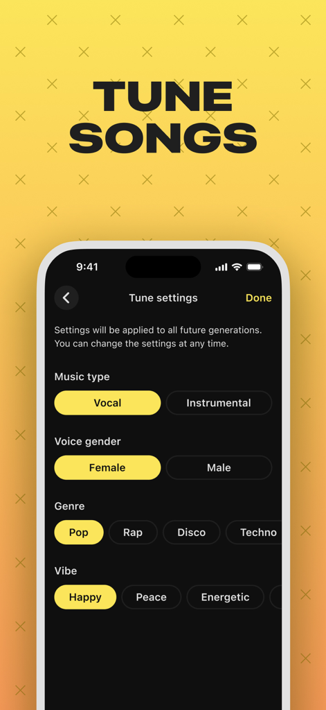 AI Song Maker Music Generator - Interfaz para personalizar la configuración de música de IA, incluido el tipo de vocal, género de voz, género y ambiente.