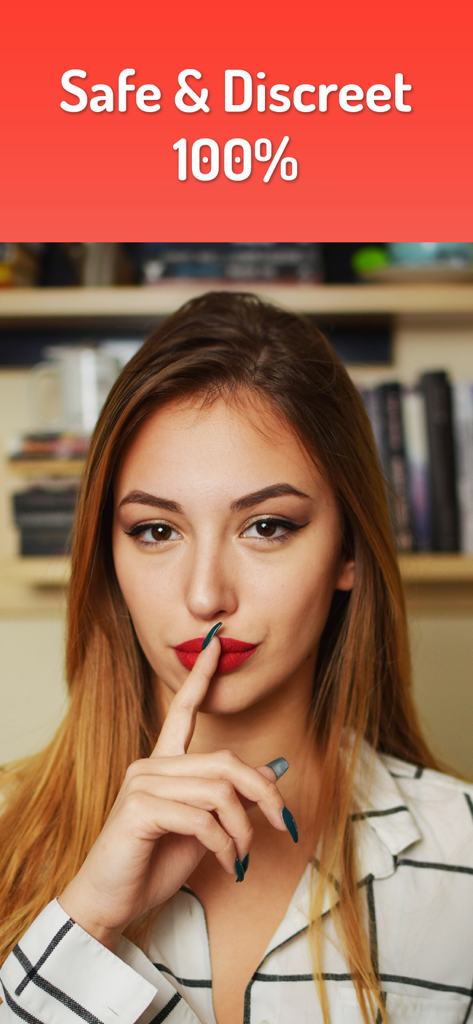 SelfieStar: Chat, Flirt & Date - A woman making a shushing gesture under a red banner that says Safe and Discreet 100 percent