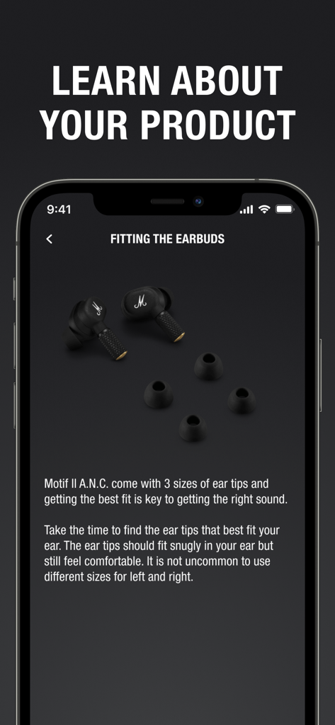 Marshall Bluetooth - Marshall Bluetooth app showing a guide for fitting Motif II ANC earbuds with different ear tip sizes
