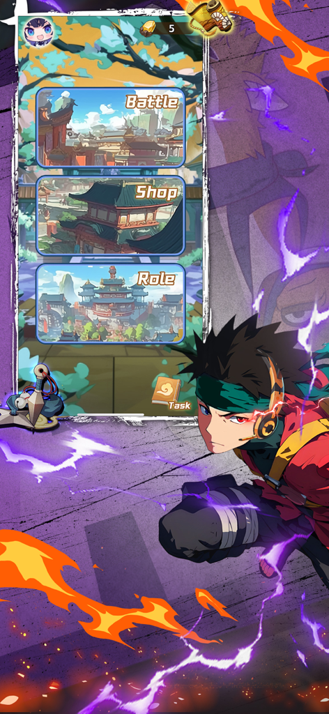 GAME! STORM NINJA - Main menu of GAME STORM NINJA featuring Battle Shop and Role buttons with an anime ninja character and stylized background
