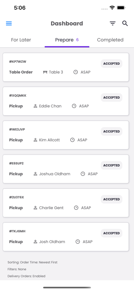 Slerp - Slerp app dashboard showing a list of accepted pickup and table orders ready for preparation.