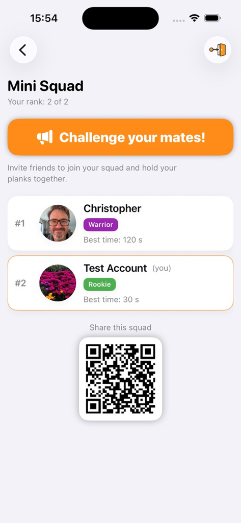 Plank Trainer - Plank Trainer app squad leaderboard showing user rankings and a QR code to share with friends