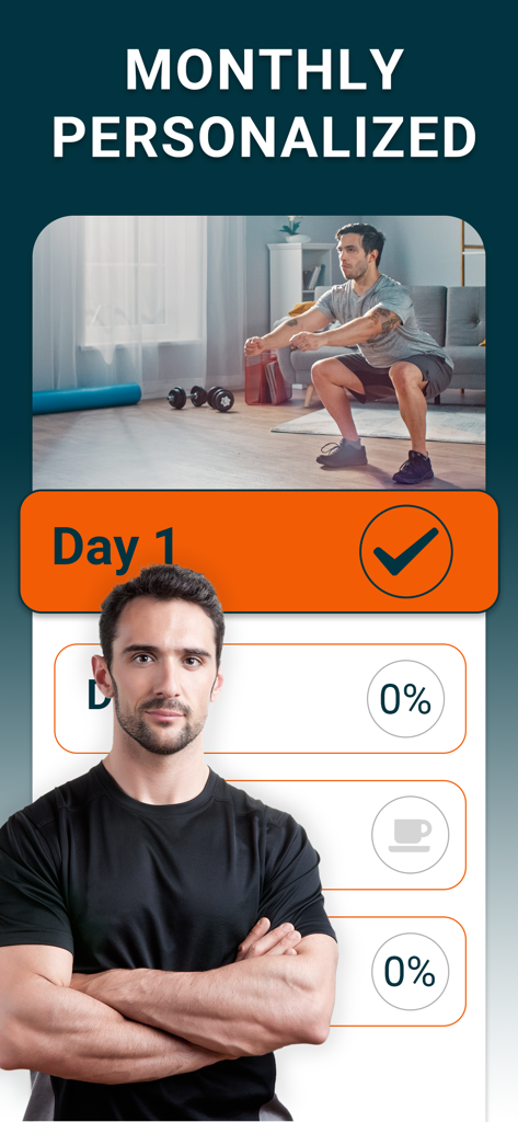 月間パーソナライズされたレッグワークアウトプランと進捗トラッカーを示すフィットネスアプリのインターフェース