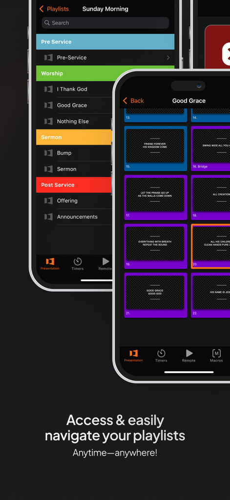 Interfaz de ProPresenter Remote mostrando la lista de reproducción del domingo por la mañana y la navegación de diapositivas de letras