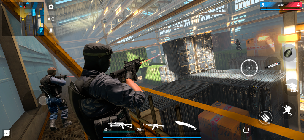 Tactical PvP gameplay in Modern Strike Online showing soldiers engaging in a team battle within a shipping container warehouse.