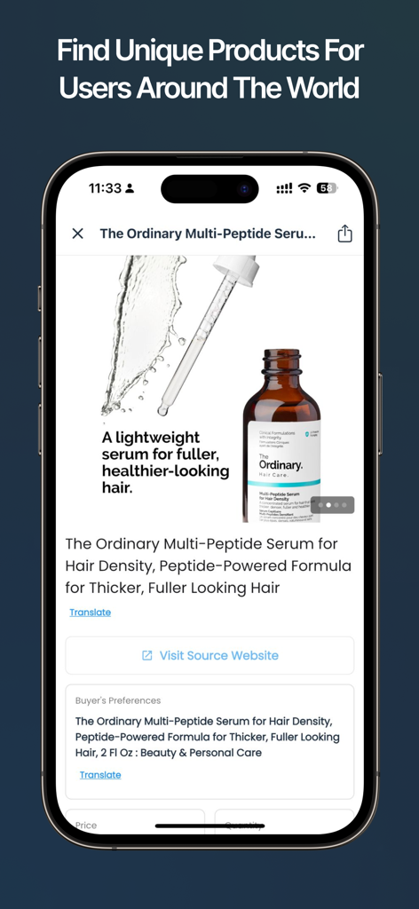 Shpper - Shpper app product page for a skincare serum illustrating international peer to peer shopping