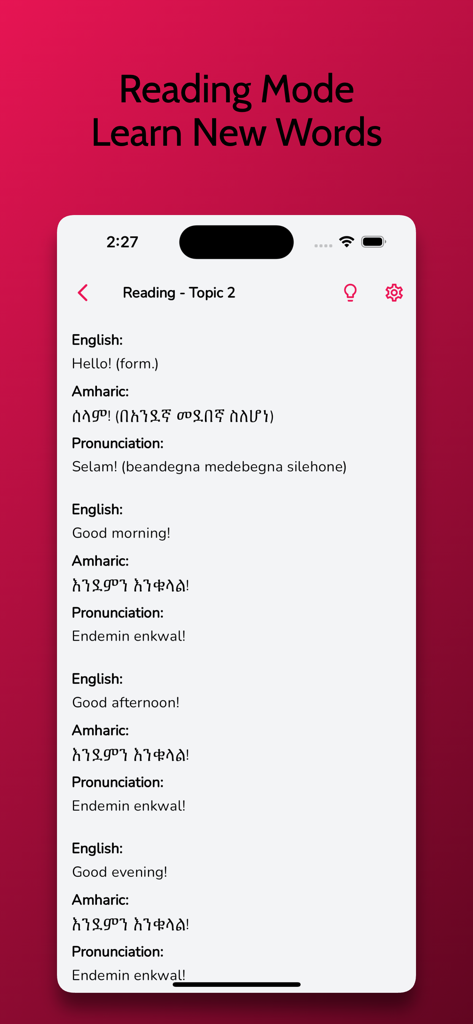 Amharic Learning - Beginners - Reading mode screen in the Amharic learning app displaying common greetings in English and Amharic with phonetic pronunciations.