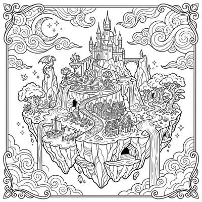 Unleash your imagination with this breathtaking coloring page of a fantastical floating island, complete with a grand castle, charming village, and a watchful dragon. Dive into a world of magic and bring this intricate fictional landscape to vibrant life with your favorite colors.
