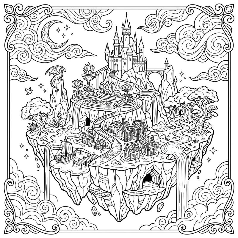 Unleash your imagination with this breathtaking coloring page of a fantastical floating island, complete with a grand castle, charming village, and a watchful dragon. Dive into a world of magic and bring this intricate fictional landscape to vibrant life with your favorite colors.