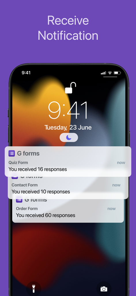 Tela de bloqueio do iPhone mostrando notificações push em tempo real para novas respostas do Google Forms.