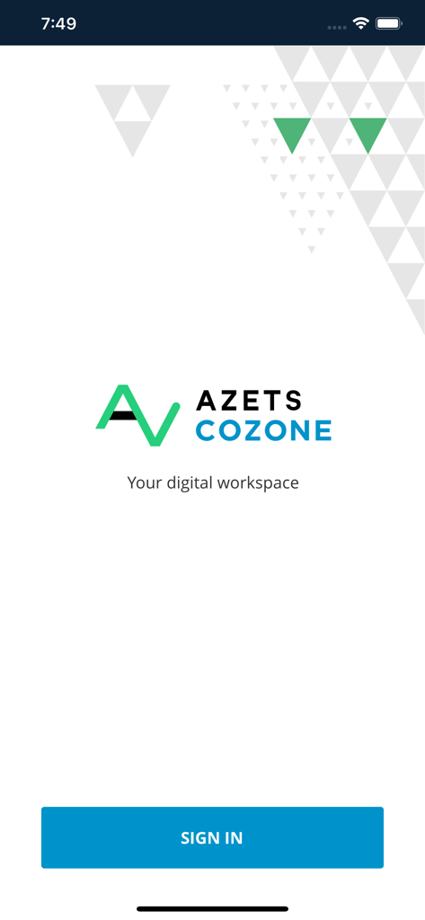 Azets Cozone login screen featuring the company logo and sign in button