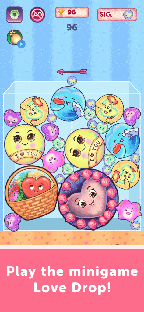 Love Messages - Quotes - Screenshot of the Love Drop minigame in the Love Messages app featuring romantic hearts and cute character emojis