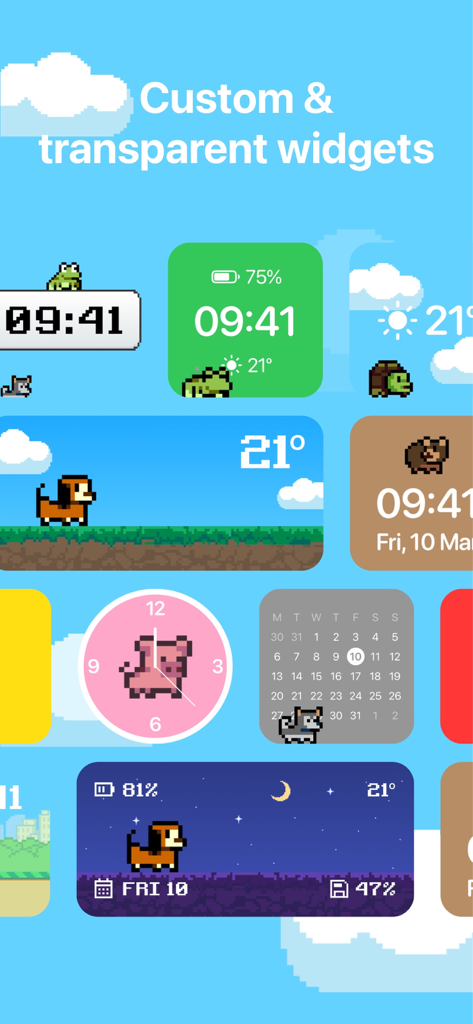 Pixel Pets - Cute, Widget, App - A variety of pixel art animal widgets on an iPhone home screen showing time weather and battery life