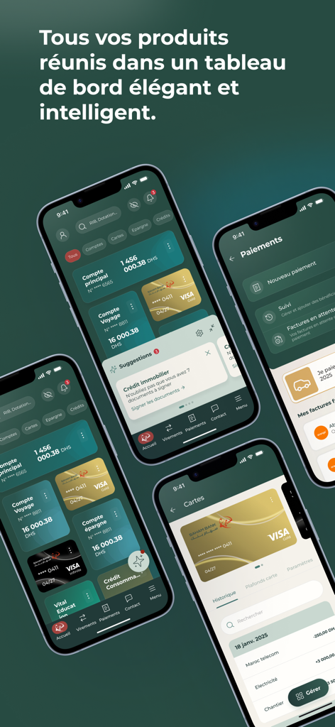 Four iPhone screens showing the Saham Bank mobile app dashboard and banking features including account balances and card management