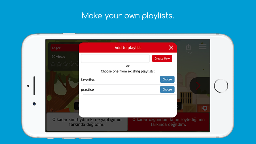 Voscreen - Learn English - A mobile phone showing the Voscreen app feature to create and manage custom English learning playlists.