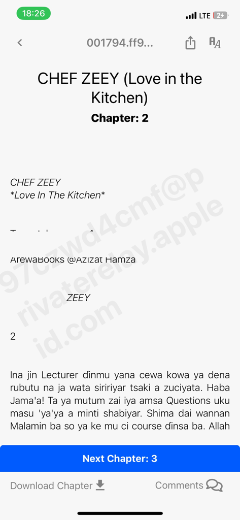 ArewaBooks - Interfaccia di lettura dell'app ArewaBooks che mostra un capitolo di una storia in lingua Hausa intitolata Chef Zeey.