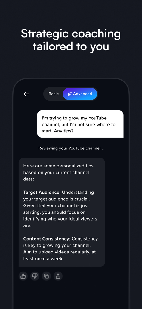 vidIQ for YouTube - Una interfaz móvil de la aplicación vidIQ que muestra un chat de coaching estratégico de IA que proporciona consejos personalizados para el crecimiento del canal de YouTube.