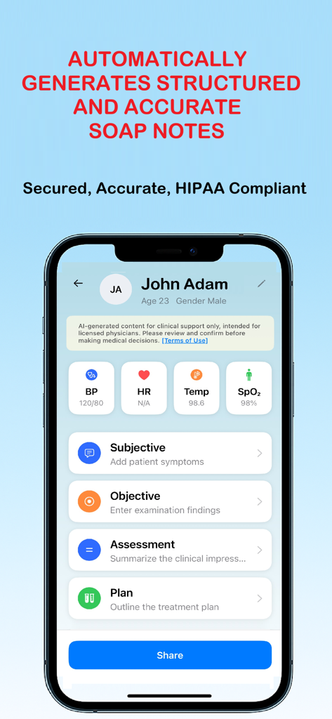 Dashboard of the AI Assistant for Doctors app showing automated SOAP notes and patient vitals.