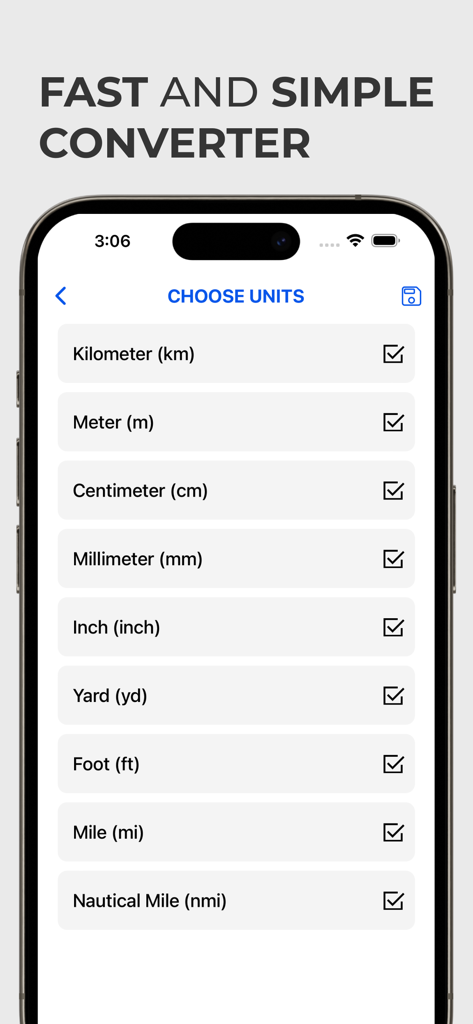 長さ換算アプリのインターフェース。メートル法とインペリアル法のオプションがある「単位を選択」メニューが表示されている。