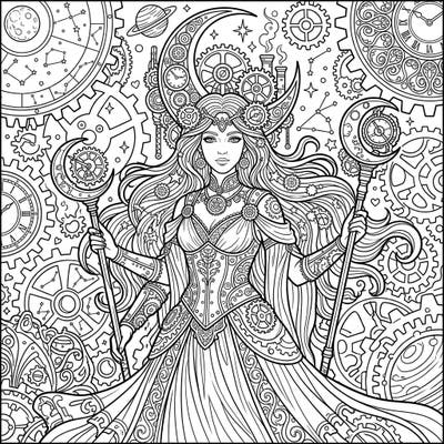 Unleash your creativity with this stunning coloring page featuring a powerful Moon Goddess reimagined in an intricate Steampunk aesthetic. Dive into a world where celestial beauty meets industrial Victorian charm, offering a uniquely captivating coloring experience.