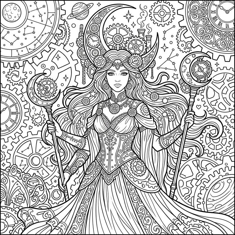 Unleash your creativity with this stunning coloring page featuring a powerful Moon Goddess reimagined in an intricate Steampunk aesthetic. Dive into a world where celestial beauty meets industrial Victorian charm, offering a uniquely captivating coloring experience.