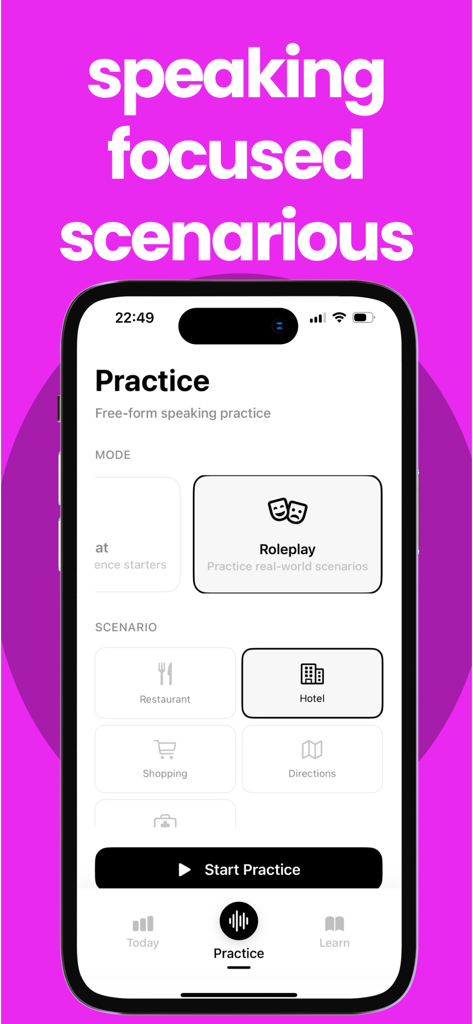 Shadow-Speak&Practice Language - Interface do aplicativo de idiomas Shadow mostrando o modo de roleplay para prática de fala em cenários do mundo real