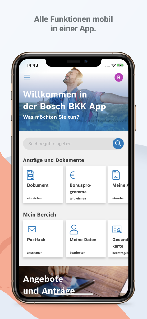 The home screen of the Bosch BKK mobile app featuring health insurance management tools like document submission and bonus programs.