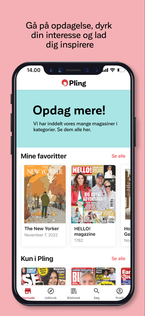 Interfaz de la app móvil Pling mostrando favoritos y categorías de revistas digitales