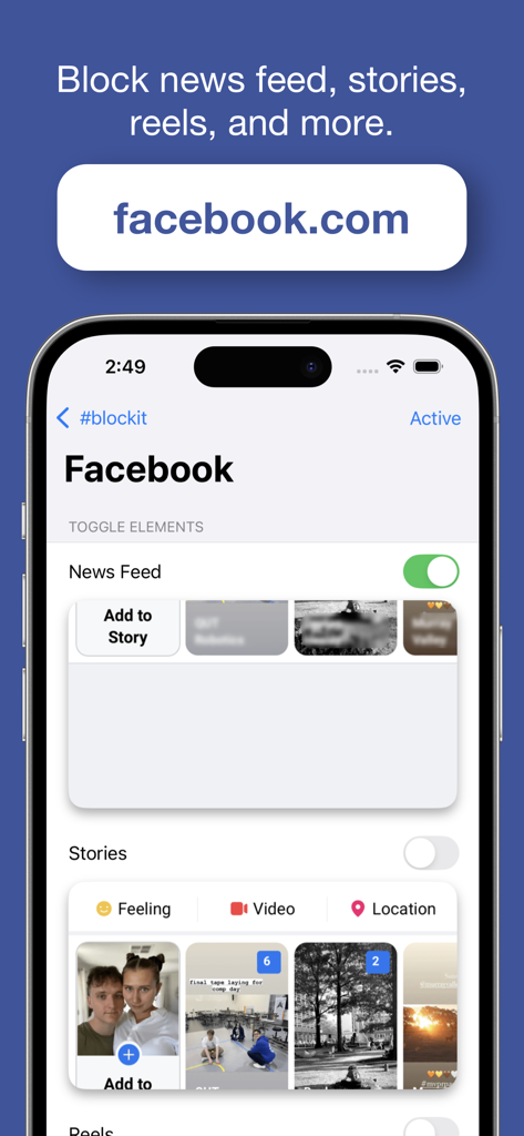 #blockit: Block distractions - A mobile app interface showing toggles to surgically block the Facebook News Feed and Stories while keeping the rest of the site functional.
