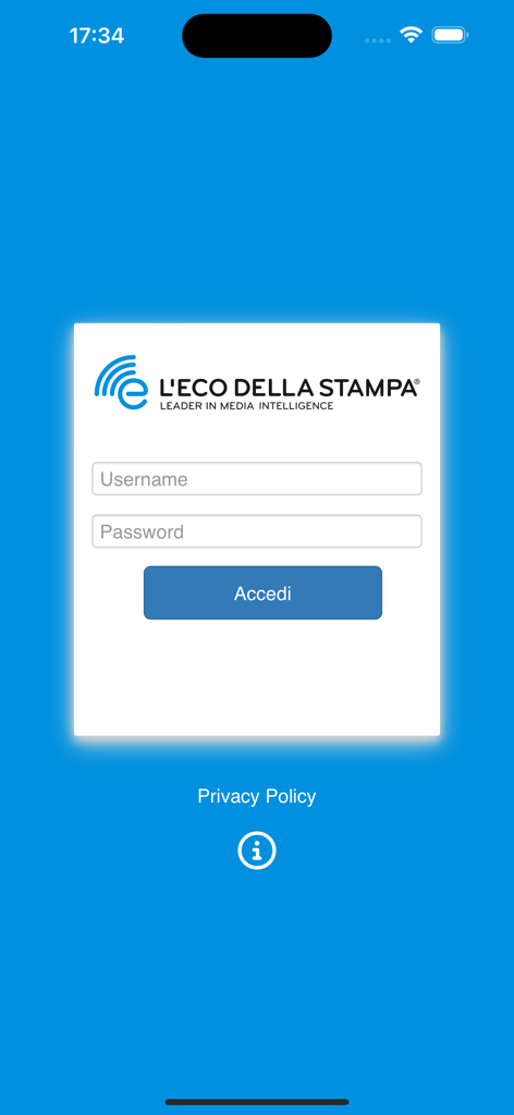 L'Eco della Stampa - Rassegna - Pantalla de inicio de sesión para la aplicación de inteligencia de medios L'Eco della Stampa rassegna, con campos para nombre de usuario y contraseña.