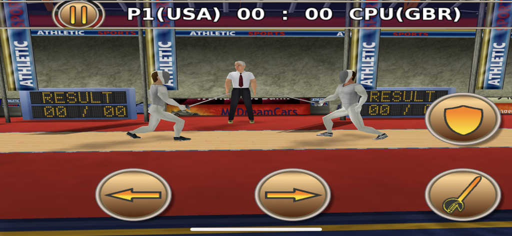 Athletics: Summer Sports Full - A 3D fencing competition in Athletics Summer Sports Full showing a match between USA and GBR athletes.