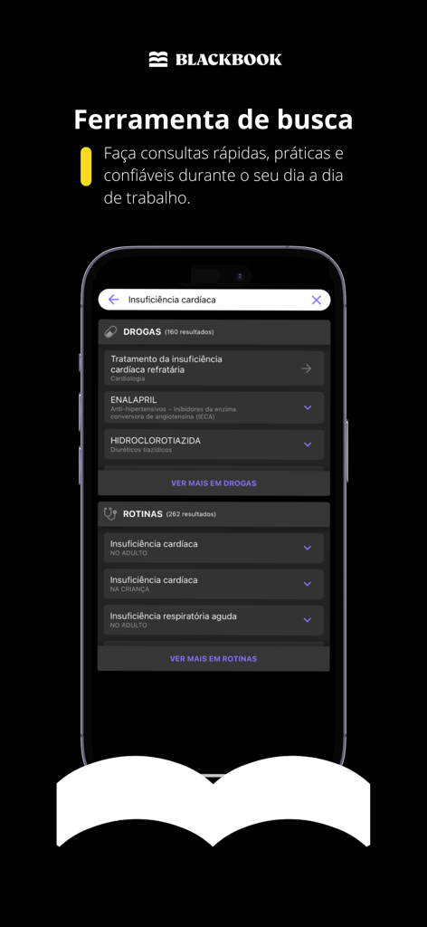 Blackbook: Decisões Clínicas - Mobile screen showing the search feature of the Blackbook app with results for heart failure drugs and routines
