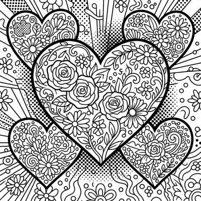 Discover a stunning coloring page where elegant floral hearts meet the iconic Pop Art style. Featuring bold outlines, intricate botanical designs, and dynamic halftone patterns, this template offers a unique creative challenge.