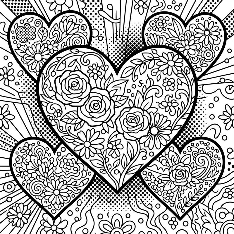 Discover a stunning coloring page where elegant floral hearts meet the iconic Pop Art style. Featuring bold outlines, intricate botanical designs, and dynamic halftone patterns, this template offers a unique creative challenge.