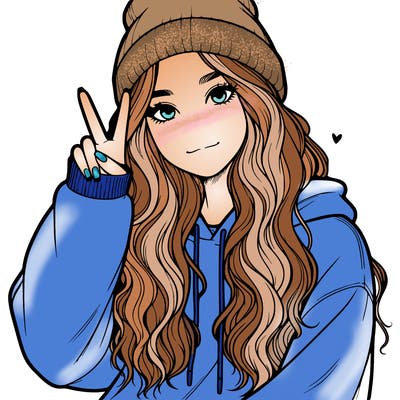 a teenage girl in a beanie, oversized sweatshirt, wavy long hair, and is showing a ✌️