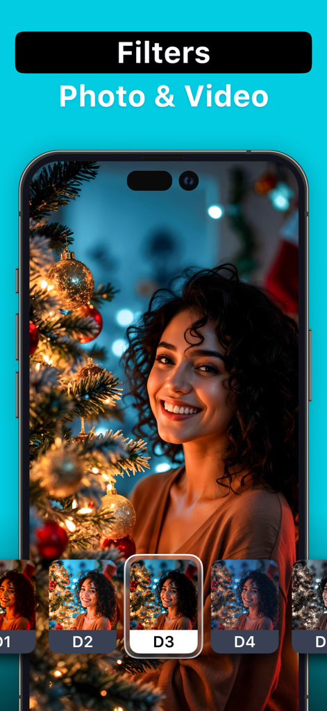 Presets for Lightroom: Filters - iPhone app interface showing various photo and video filters being applied to a portrait of a smiling woman by a Christmas tree