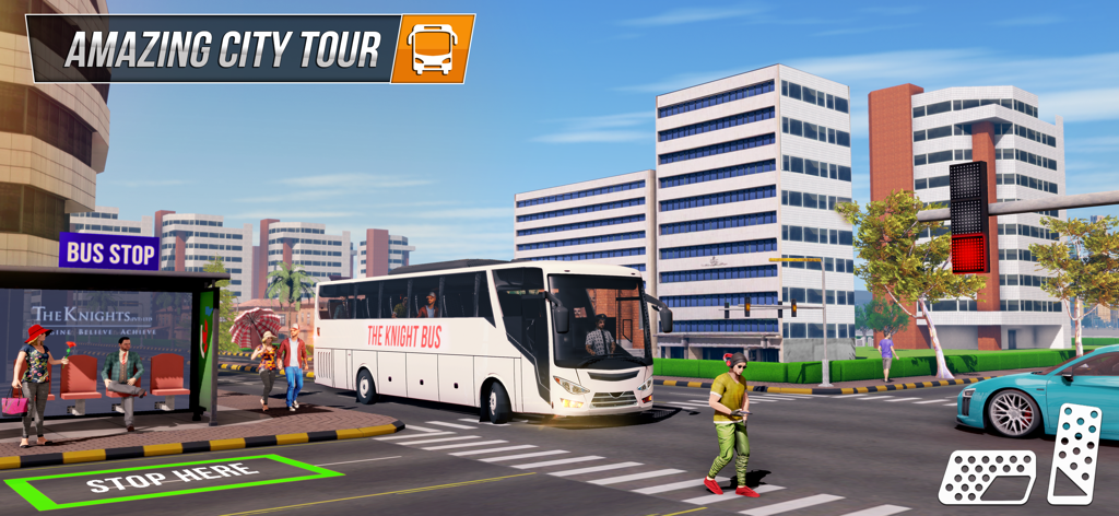 Bus Games : Driving Master 3D - A white passenger bus stopped at a city bus station in a 3D simulation game.