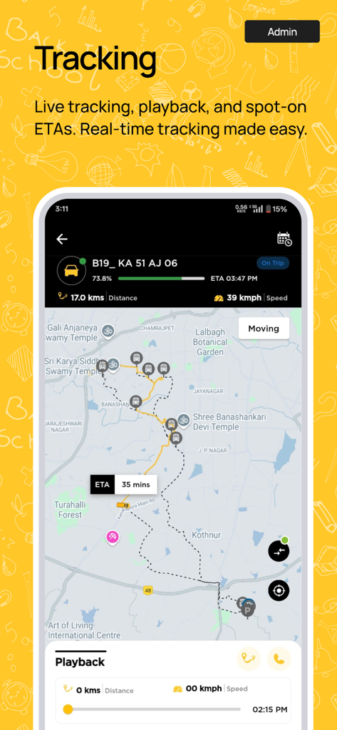 NeoTrack - School Bus Tracking - NeoTrack app interface showing real-time school bus tracking on a live map with ETA and speed data