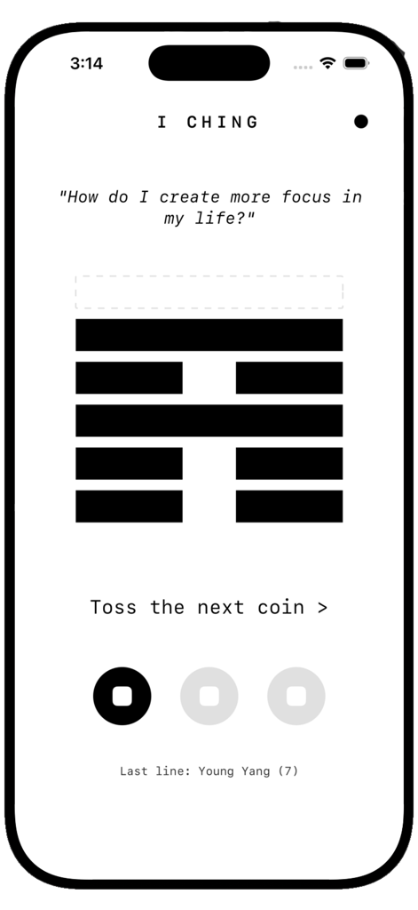 I CHING 1 - Interfaz de la aplicación I CHING 1 que muestra la generación de un hexagrama para una pregunta personal