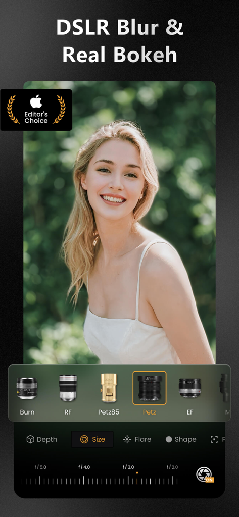 ReLens app interface showing professional lens selection for DSLR background blur and bokeh effects on a portrait