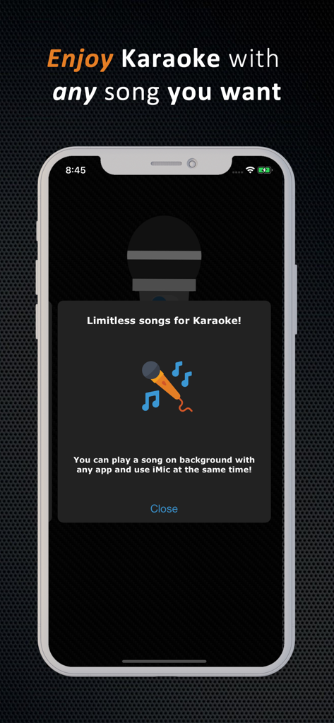iMic app showing karaoke functionality with background music