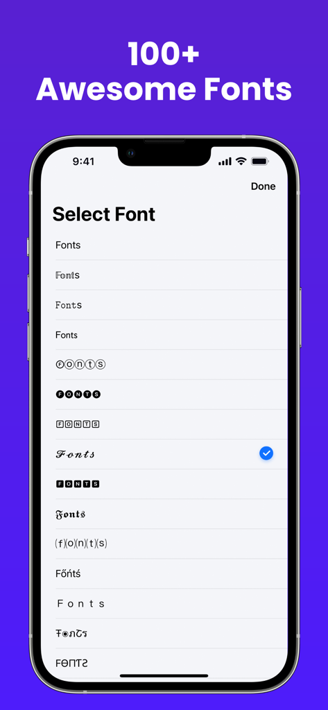 Fontix - Keyboard Fonts - Font selection screen in Fontix app showing various aesthetic font styles