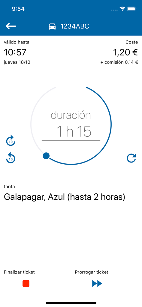 Presto Parking - Pantalla de la aplicación Presto Parking mostrando una sesión de aparcamiento activa con el tiempo restante y el costo total