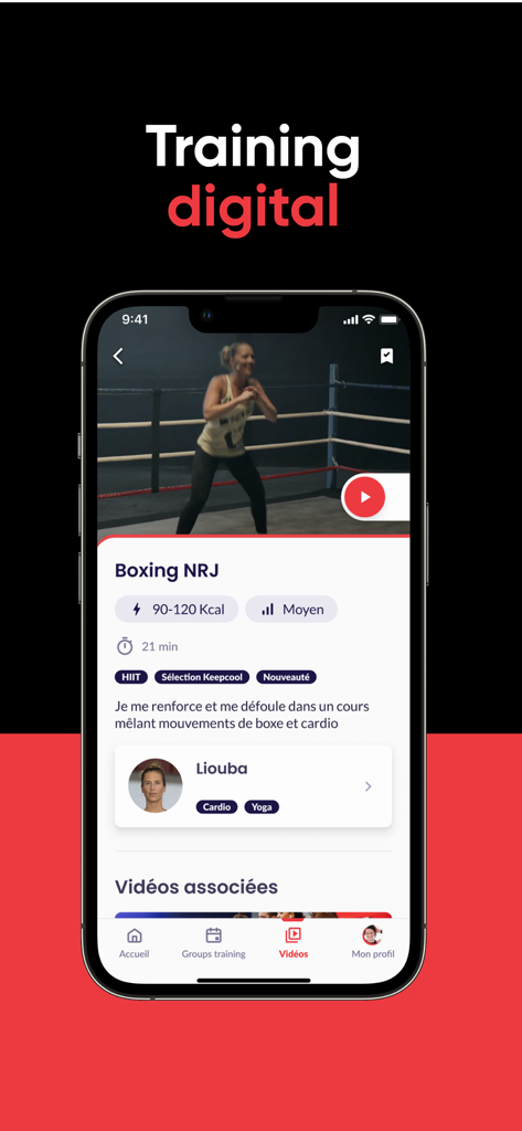 Neoness - Interfaz de la aplicación Neoness que muestra una sesión de entrenamiento de boxeo digital con video y detalles del entrenador