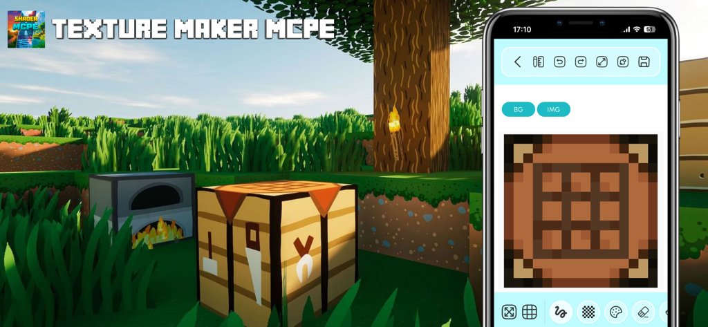 Smartphone screen showing the Texture Maker tool interface for Minecraft PE with custom block editing features.