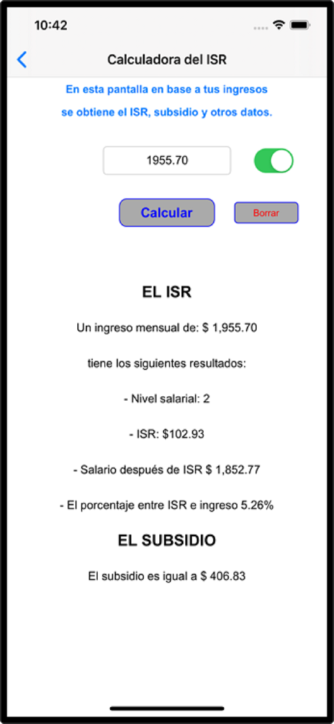 Calculadora del ISR - Pantalla de resultados de la Calculadora del ISR con desglose de impuestos y subsidio