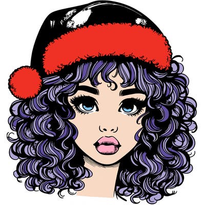 realistic girl with a santa hat curly hair and lips